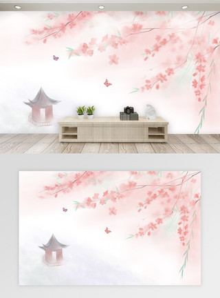 柳条手绘桃花唯美中国风背景墙模板