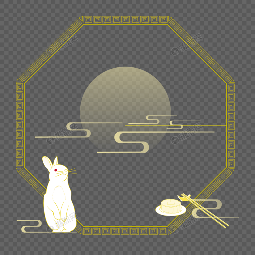 中秋节玉兔窗边遥望祥云月亮矢量边框月饼筷子装饰图片