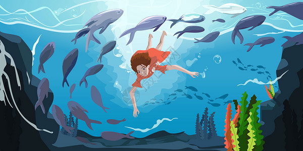 鱼群与美人鱼坠落至深海沉溺的鱼插画
