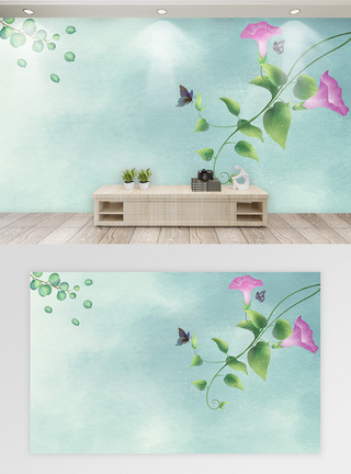 绿色蝴蝶牵牛花背景墙模板