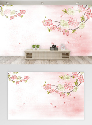 水彩手绘花卉素材桃花唯美中国风背景墙模板