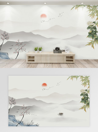 家庭花卉中国风山水背景画模板