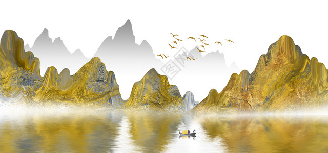 磨皮素材中国风金色山水画插画