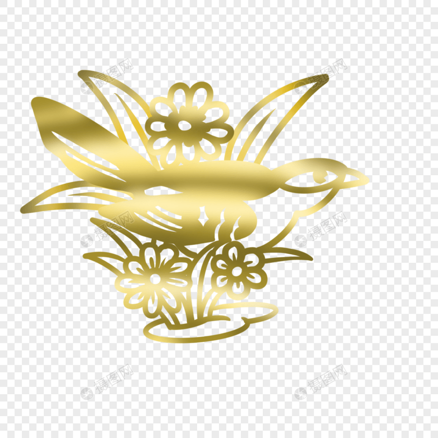 金色喜鹊鸟花卉花朵中国风剪纸图片