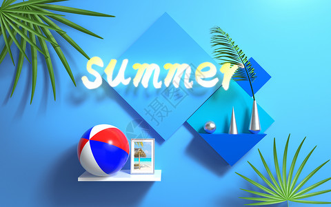 沙滩上排球蓝色夏天小场景设计图片