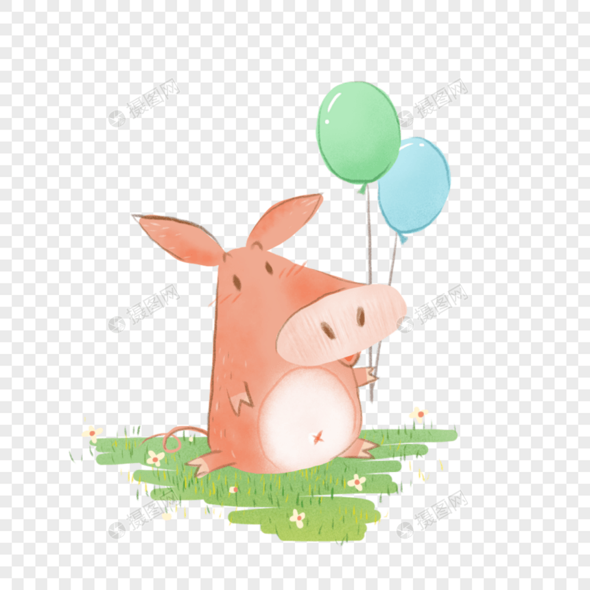 卡通手绘小猪拿着气球坐在草地图片
