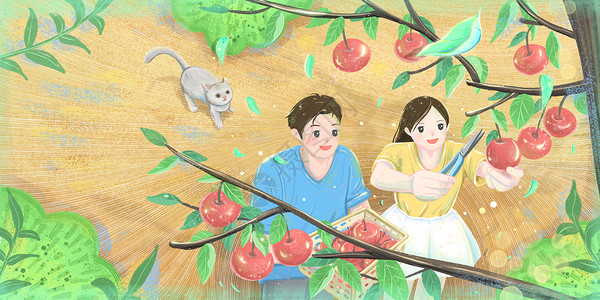 苹果树上花秋天收获季节摘苹果的情侣插画