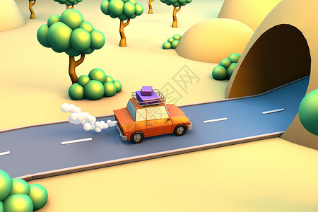 森林游玩夏日汽车旅行过隧道场景设计图片