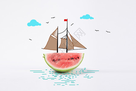 海上一角西瓜船插画