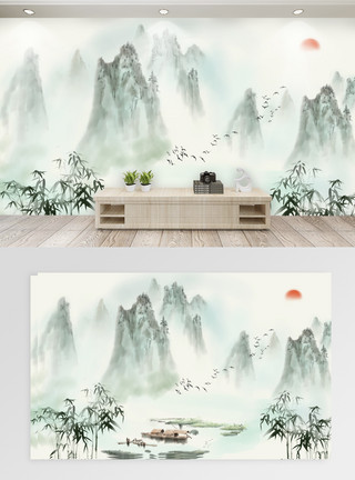 竹子装饰中国风山水风景背景墙模板