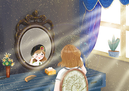 可怕的样子小女孩在镜子前看自己当兵的样子插画
