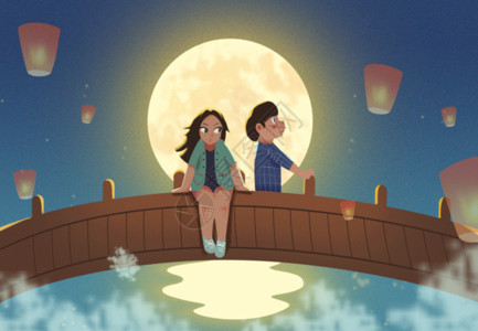 男孩与月亮船七夕情人节一起看孔明灯GIF动图高清图片