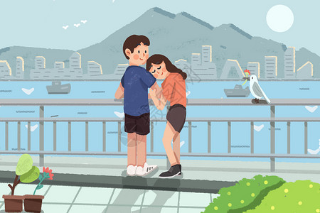 赫德森湾暑期情侣香港游玩旅游插画