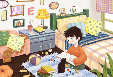 卧室家居环境暑期在家学习男孩插画