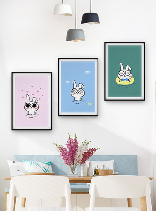可爱灰兔子卡通手绘动物装饰画模板