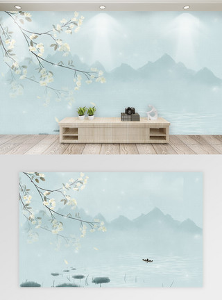 中国风船水彩唯美花卉背景墙模板