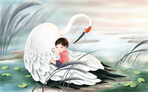 治愈系仙鹤与小孩背景图片