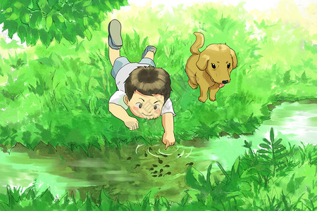 小男孩和狗童年的暑假生活插画