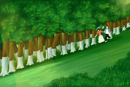 清晨散步七夕在树林里散步的情侣插画