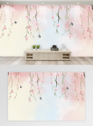 桃花水彩清新花卉背景墙模板