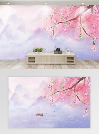 温馨的客厅古风唯美桃花背景墙模板