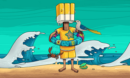 游泳圈和海鸟夏日海浪插画