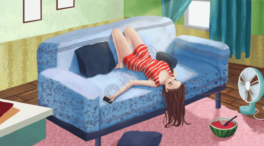 沙发上女孩慵懒的暑假gif高清图片