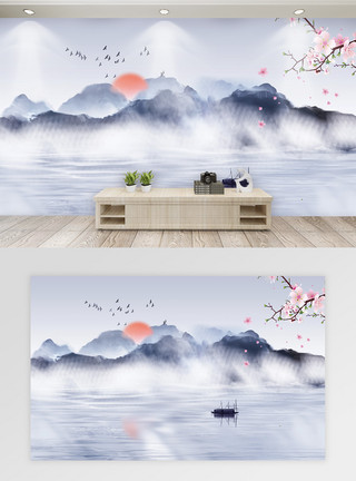 水彩船中国风山水背景画模板