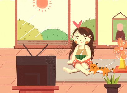 吃西瓜看电视夏天避暑插画