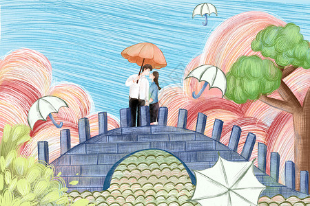 在季节站在桥上接吻的情侣插画