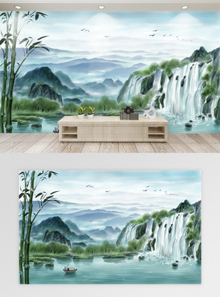 创意竹子水墨画中国风山水风景背景墙模板