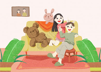 洋娃娃和小熊跳舞俏皮的小情侣插画