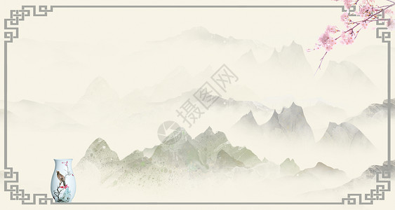 粉色樱花边框水墨中国风背景设计图片
