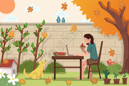 小黄狗立秋女孩在花园乘凉吃西瓜插画