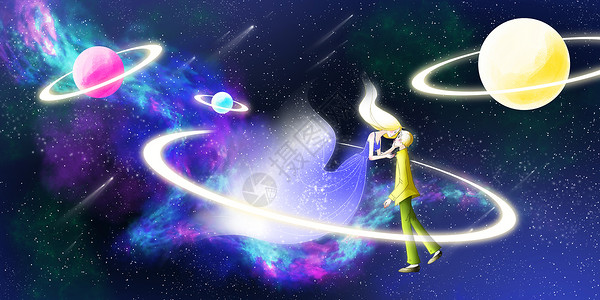 绿色光环七夕情人节宇宙中的情侣插画