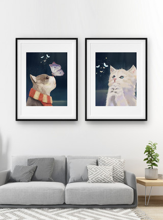 水彩动物可爱猫咪手绘卡通装饰画模板