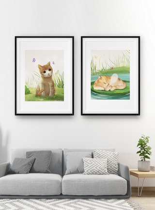 春天的河流小猫咪手绘卡通装饰画模板