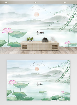 中国风框架装饰现代简约荷花背景墙模板