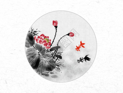 圆扇画金鱼和荷花中国风水墨画gif高清图片