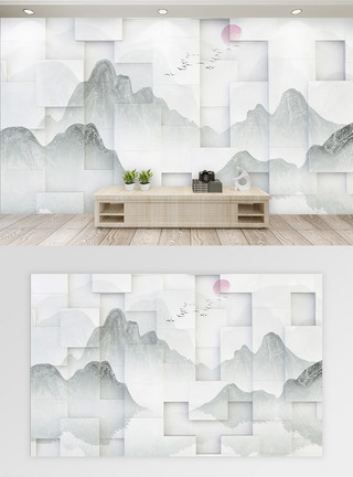 中国风水墨山水立体背景墙模板