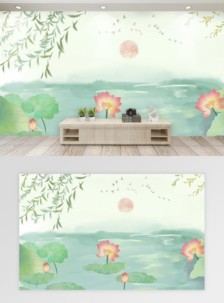中国风荷花白鹤背景墙现代简约荷花背景墙模板