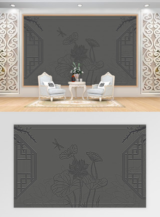中式风格客厅中式边框浮雕电视背景墙模板