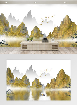 中国金色风山水画背景墙模板