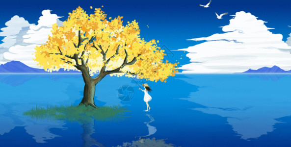 秋天自然树祈愿的少女 GIF高清图片