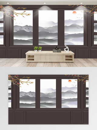 波普风格边框新中式山水浮雕效果背景墙设计模板