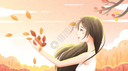初秋公园凳子散落秋叶的女孩gif高清图片