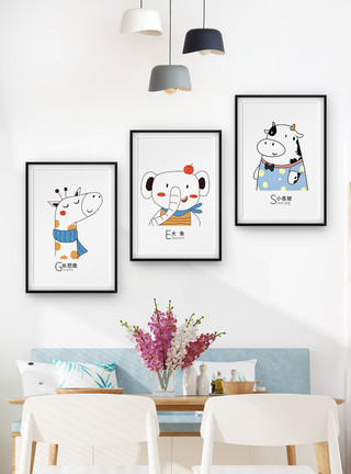 呆萌大熊猫手绘欧式动物三联框装饰画模板