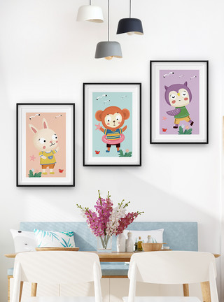 可爱猫咪装饰画手绘卡通动物三联框装饰画模板