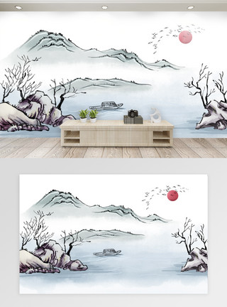 水墨白鹤中国风山水画背景墙模板