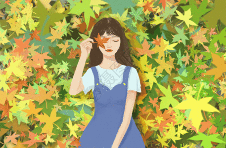 秋天枫叶和女孩GIF图片
